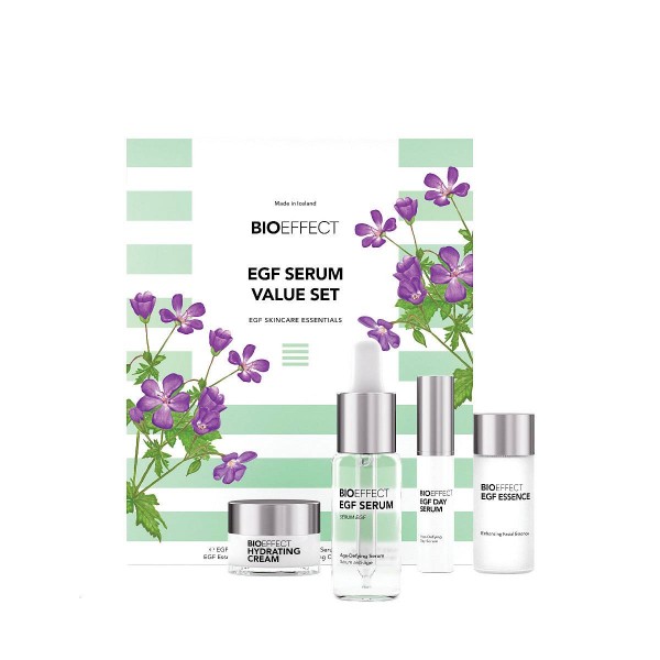 EGF Serum Value Set, ki vsebuje EGF Serum 15 ml in tri brezplačne luksuzne vzorce osnovnih izdelkov Bioeffect. Set za ceno posameznega Bioeffect EGF Seruma 15 ml.